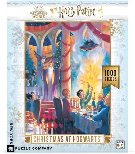 Vista 3 de New York Puzzle Company - Harry Potter Christmas at Hogwarts - Rompecabezas de 1000 piezas para noches de juego familiares por Mary GrandPré