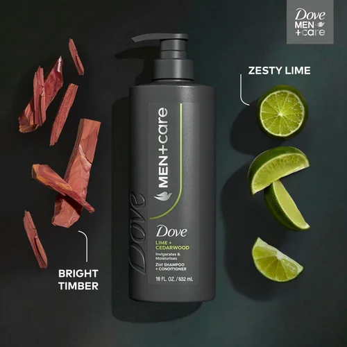 Vista 3 de DOVE MEN + CARE Champú 1 unidad de lima y cedro para cabello real que potencia la fuerza del cabello, con resultados vigorizantes e hidratantes, 18