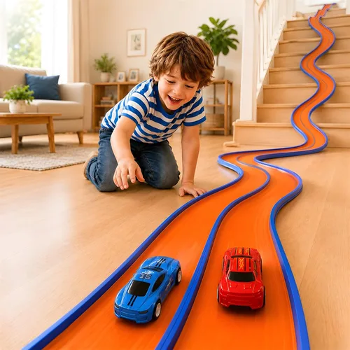 Vista 7 de 15FT Race Track, 2 High-Speed Pull Back Cars, Fits Hot Wheels Cars 15FT flexible double-lane track with 2 suction cups and 2 high-speed pull-back