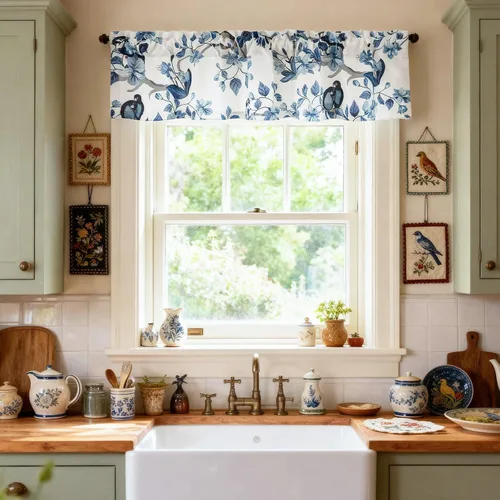 Vista 16 de VOGOL Cenefa de pájaro y bayas, decoración clásica de ventana de campo americano con estampado botánico, cortina de bolsillo para barra fácil