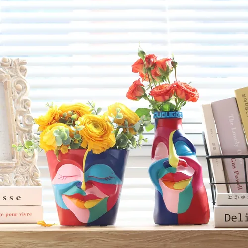 Vista 3 de GUGUGO - Maceta con drenaje y diseño de cara abstracta con colores arcoíris para plantas de interior y exterior, decoración divertida