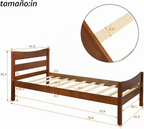 Vista 2 de MERITLINE Cama de plataforma de tamaño individual con cabecero y estribo, marco de cama de madera, no necesita somier, nogal