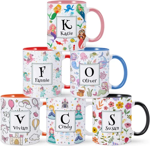 Vista 13 de Taza de café personalizada para niños con nombre e inicial, taza de cacao caliente personalizada para niños y niñas, taza de cerámica de 11 onzas