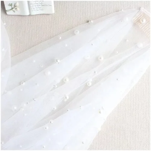 Vista 7 de V607 Luxurious Fingertip Marriage Bridal Veil Pearls Beaded Plain Tulle One-Layer Blusher White Wedding Bride Veil with Comb