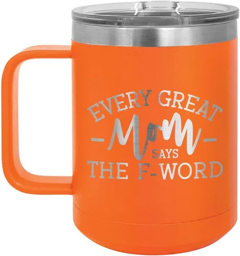 Vista 5 de EVERY GREAT MOM SAYS THE F WORD Taza de café negra de 15 oz con tapa deslizante Taza de café de viaje aislada Ideas de regalos de cumpleaños
