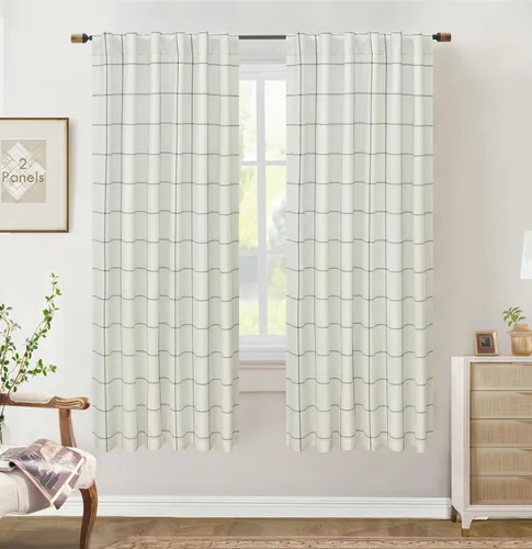 Vista 19 de DriftAway 2 paneles cortinas de lino a cuadros 100% opacas de doble capa cortinas para dormitorio de 96 pulgadas de largo estilo granja con Gris