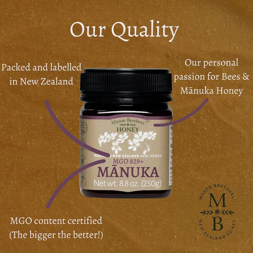 Vista 6 de Mason Brothers' Raw Manuka Honey MGO 829+ 8.8 onzas de miel de Nueva Zelanda, certificado MGO