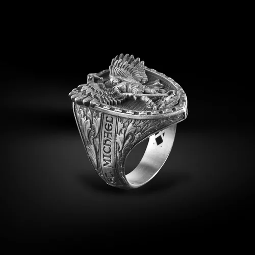 Vista 4 de BySilverStone Jewelry - Anillo de hombre con sello de alas de dragón de arcángel Miguel extraordinario anillo de fe cristiana de plata de ley