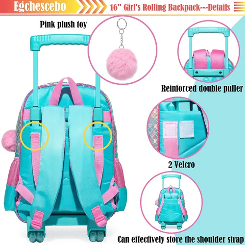Vista 4 de Egchescebo Mochila de viaje para niños con ruedas transparentes para niñas, Blue-MRY, Mochilas tipo mochila