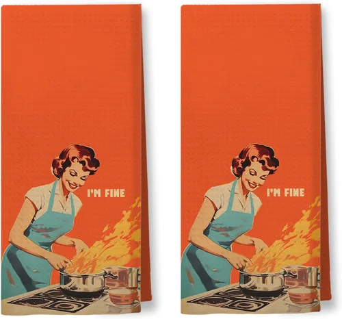 Vista 22 de Toallas de Cocina Divertidas "I'm Fine", Toallas Decorativas de Cocina y Té Estilo Ama de Casa Retro de los 50s, Toallas de Mano de Humor Sarcástico