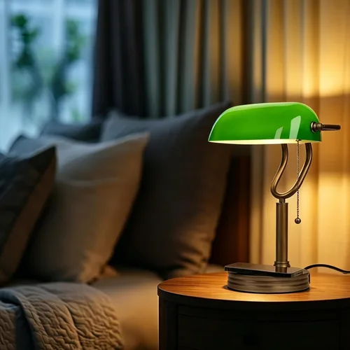 Vista 7 de Lámpara de Banco de Vidrio Verde, Lámpara de Escritorio Retro con Puerto de Carga Inalámbrica USB, Lámpara de Mesa con Cadena Clásica, para Mesita