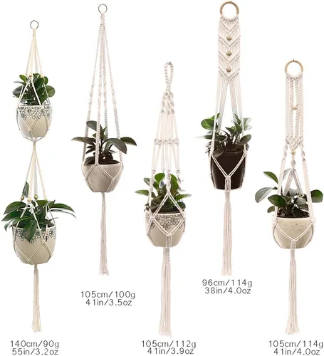 Vista 3 de Perchas de macramé para plantas hechas a mano, cuerda de algodón, soporte para macetas colgantes con temática bohemia para interiores y exteriores