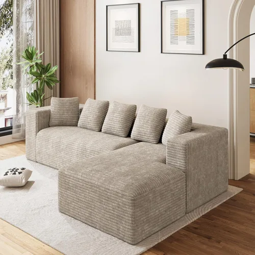 Vista 34 de Sofás seccionales en forma de U de gran tamaño de 131 pulgadas para sala de estar, cómodo sofá modular de pana esponjosa beige sin hueso, sofá
