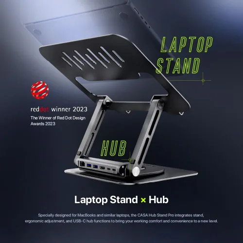 Vista 2 de ADAM elements Hub Stand Pro 6 en 1 USB-C - Estación de acoplamiento para laptop, soporte plegable para laptop con HDMI 4K, PD de 100 W y USB 3.0
