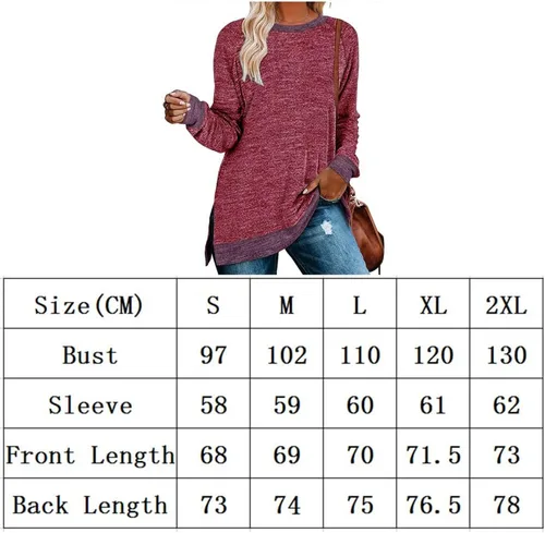 Vista 2 de PHILISENMALL Women's Long Sleeve T-Shirt Casual Red Patchwork T-Shirt Top Pullover Shirt Round Neck Blouse for Daily Work