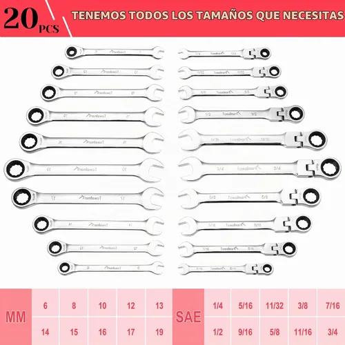 Vista 2 de Towallmark Juego de llaves combinadas de trinquete de 20 piezas, juego de llaves de trinquete combinadas, 72 dientes, SAE 1/4-3/4 pulgadas