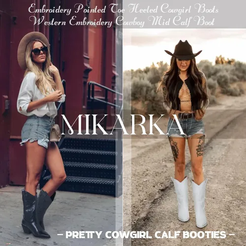 Vista 5 de Mikarka Botas vaqueras bordadas de media pantorrilla para mujer, botas vaqueras occidentales con puntera puntiaguda, botines de vaquero con grifos