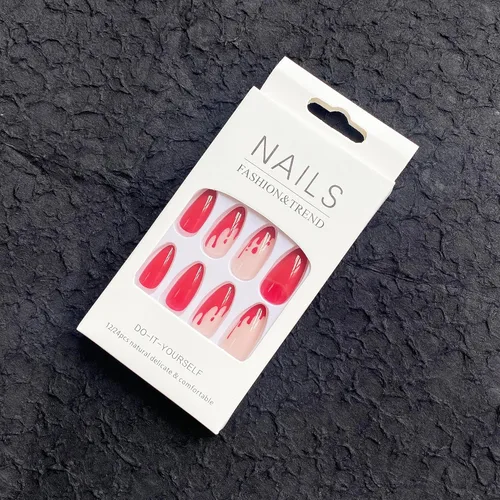 Vista 4 de Uñas postizas a presión de Halloween, uñas postizas de almendra, cobertura completa, uñas postizas rojas con diseños de gotas de sangre, punta 14