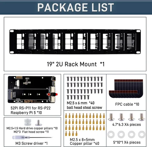 Vista 7 de GeeekPi Soporte de rack de 2U de 19 pulgadas para Raspberry Pi 5, con 10 adaptadores PCIe a M.2 NVMe SSD, compatible con rack de servidores de 19