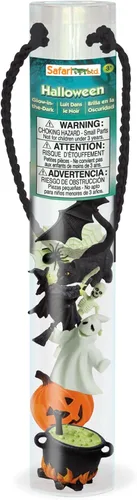 Vista 4 de Safari Ltd. Toob de Halloween que brilla en la oscuridad – Mini figuras: murciélago, gato, esqueleto, fantasma, bruja, caldero, araña, calabaza