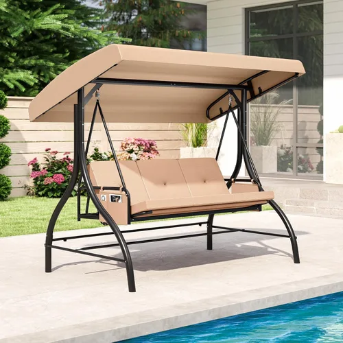 Vista 2 de Tangkula Columpio para porche para 3 personas, columpio convertible 2 en 1 para exteriores con toldo ajustable, cojines extraíbles, marco de metal