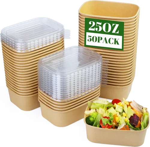 Vista 11 de Paquete de 25 cuencos de papel de 19 onzas, recipientes desechables con tapas, cuencos rectangulares desechables con tapas, cuencos de ensalada