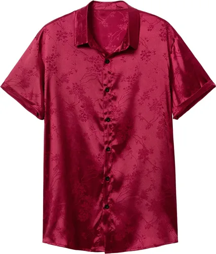 Vista 5 de THWEI Camisas de manga corta con botones y estampado floral de satén para hombre