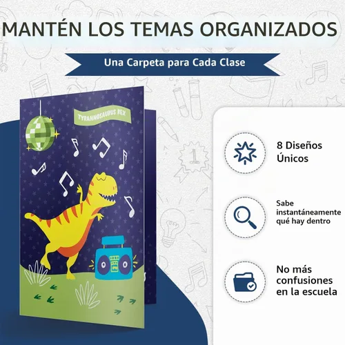 Vista 7 de 8 carpetas escolares – Lindas carpetas de bolsillo con 8 diseños únicos de dinosaurios en la parte delantera, trasera e interior – Carpetas