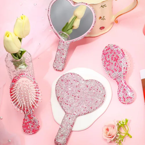 Vista 4 de Thyle Juego de 4 piezas de espejo de mano con diamantes de imitación y cepillo para el cabello, 2 bonitos espejos en forma de corazón, 2 cepillos