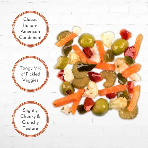 Vista 5 de Roland Foods Chicago Style Mild Giardiniera, condimento de pimienta italiana, procedente de los Estados Unidos, bolsa de 56 onzas