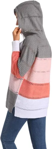 Vista 6 de Vemodoo Sudaderas con capucha de punto de bloque de color para mujer, cuello en V, cordón ligero, sudaderas con cremallera