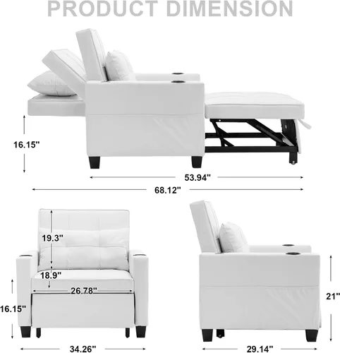 Vista 2 de Silla cama cama convertible ajustable con almohada, silla extraíble con puertos USB, antiarañazos, para sala de estar, dormitorio, apartamento, Lino