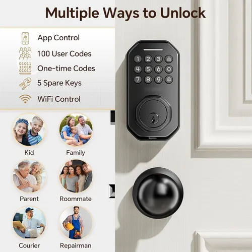 Vista 4 de Ulecoce SL02W - Cerradura de puerta de entrada sin llave WiFi con juego de Negro