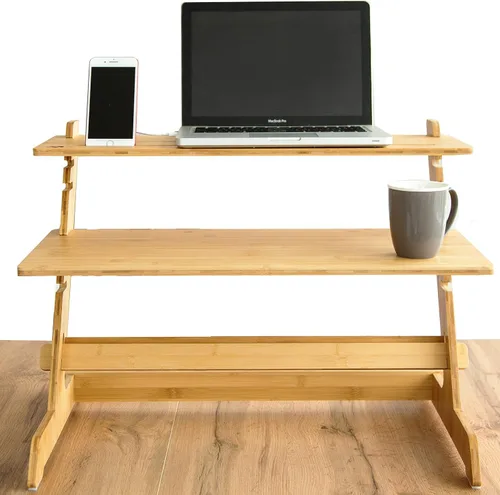 Vista 6 de Elevador de escritorio ajustable de bambú 100% natural, soporte convertidor de escritorio, sin tornillos, se instala en menos de 1 minuto, para uso