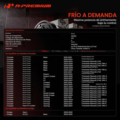 Vista 2 de Compresor de CA A-Premium con embrague compatible con Chrysler y Dodge