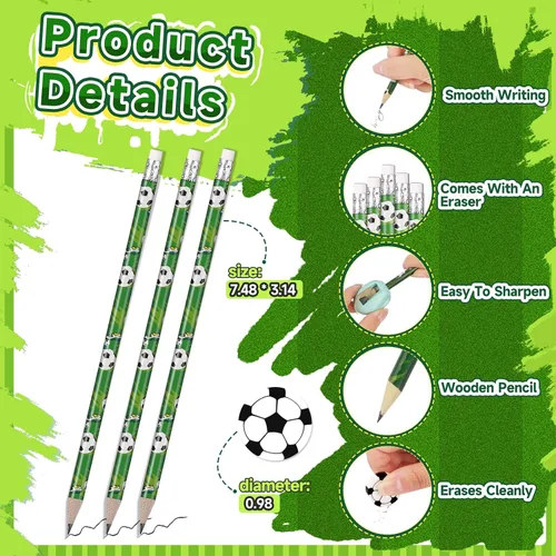 Vista 3 de Miucat Juego de 36 lápices de fútbol y borradores, instrumentos de escritura deportiva, divertidos lápices de madera para niños, recuerdos de fiesta