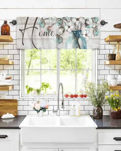 Vista 8 de Cenefas para ventanas, tarro de algodón con bolsillo para barra de cortina de cocina, cenefas de 54 x 18 pulgadas, cortinas cortas para ventana