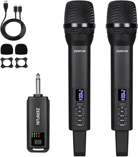 Vista 11 de Micrófono inalámbrico recargable, sistema de micrófono inalámbrico de mano profesional con control Echo Treble BASS VOL para karaoke, canto, Negro
