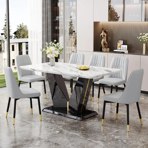 Vista 12 de Juego de mesa de comedor de 5 piezas, juego de mesa de comedor moderno de mármol de 63 pulgadas para 4, juego de mesa de cocina blanca para 4, juego
