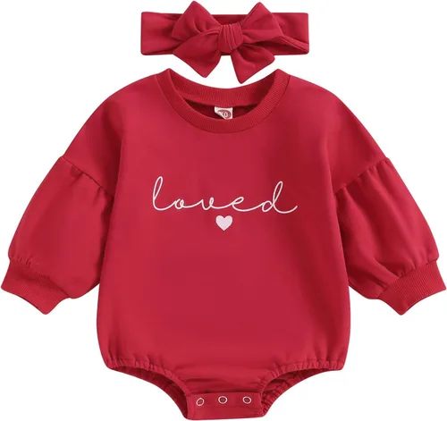Vista 16 de Traje de bebé niña para el primer día de San Valentín, mameluco de burbujas con cuello redondo, sudadera linda para primavera y otoño