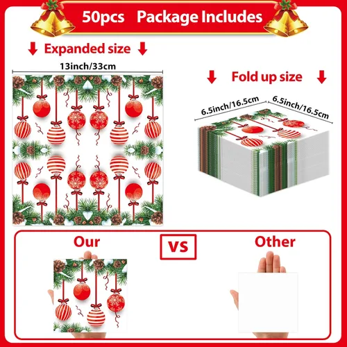 Vista 2 de 50 piezas de servilletas de Navidad para invitados, paquete de 3 capas, servilletas desechables de papel para fiestas, bolas de Navidad, servilletas
