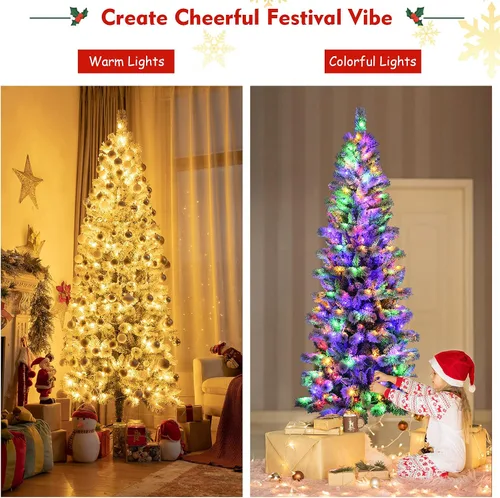 Vista 2 de DORTALA Árbol de Navidad artificial delgado preiluminado de 7.5 pies con copos de nieve, 693 puntas de rama, 300 luces LED blancas cálidas