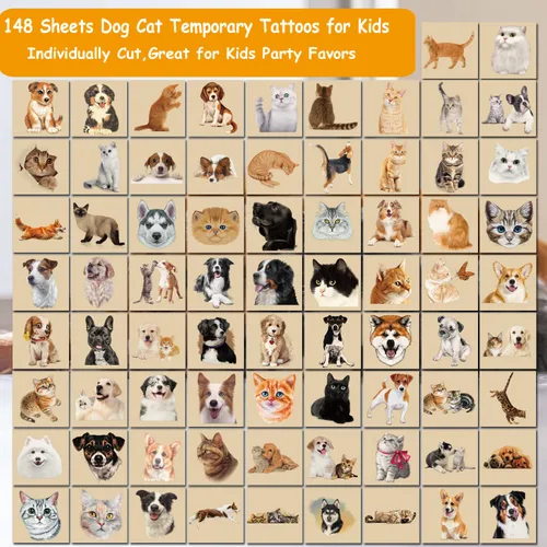 Vista 2 de CHARLENT 148 tatuajes temporales para niños – Tatuajes individuales 3D para cachorros y gatitos para niños y niñas, animales, regalos de fiesta