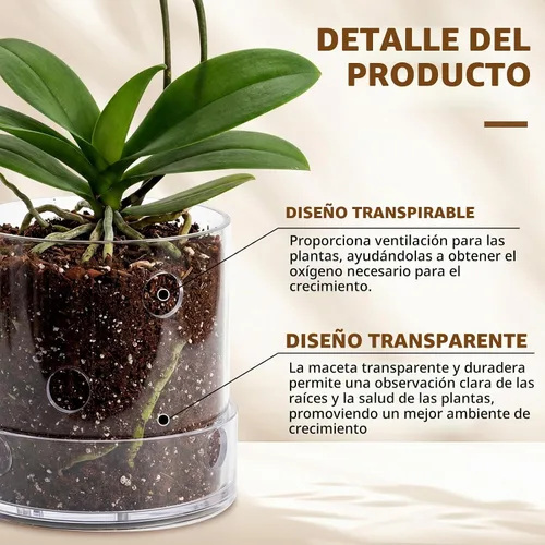 Vista 3 de Maceta de orquídea acrílica transparente de 4 pulgadas con agujeros redondos de 360° y bandeja