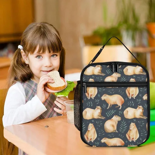 Vista 8 de Capybara - Lonchera con diseño de hojas para niños y niñas, lonchera reutilizable con bolsillo lateral, lonchera para niñas y adolescentes, bolsa