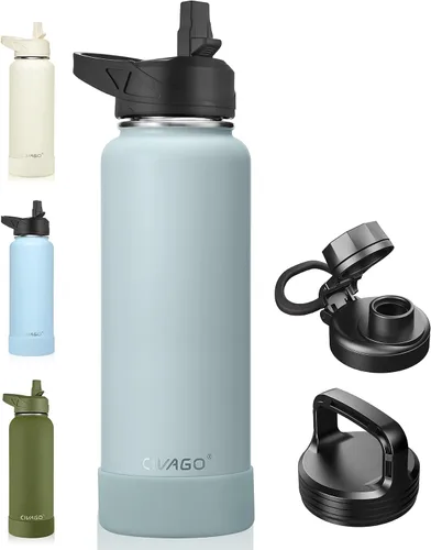 Vista 27 de CIVAGO Botella de agua aislada de 22 onzas con pajita, frasco de agua deportiva de acero inoxidable con 3 tapas