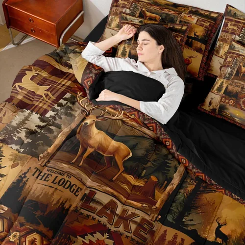 Vista 141 de Feelyou Juego de edredón de ciervo con sábanas – Tamaño Queen 7 piezas Juego de ropa de cama infantil de caza rústica – Cama de ciervo de cabaña