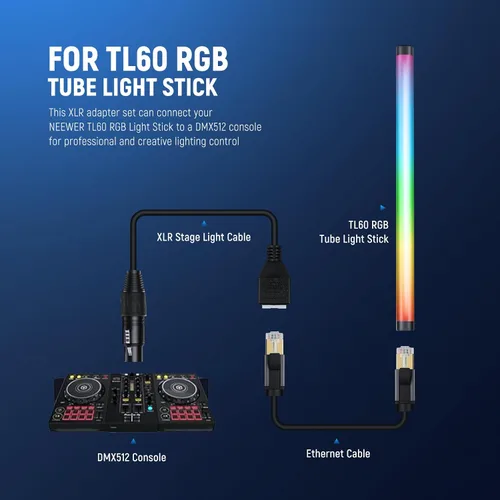 Vista 2 de Neewer Cable DMX XLR hembra de 3 pines a RJ45 hembra, paquete de 2 conectores adaptadores RJ45 a 3 pines XLR solo tubo TL60 RGB varita de luz