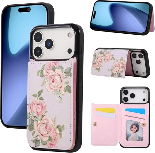 Vista 36 de UEEBAI Funda tipo cartera para iPhone 13 con tarjeteros, piel sintética, diseño floral, función atril, bloqueo RFID, doble cierre magnético, funda