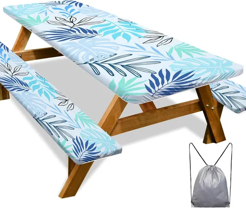 Vista 33 de Funda de mesa de picnic con fundas para bancos Esenciales de camping Mantel de picnic impermeable y a prueba de viento con bolsa de cordón, funda